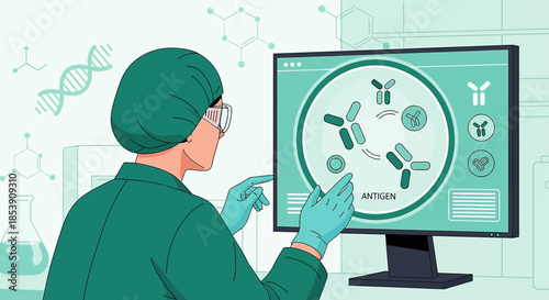 Immunology researcher analyzing antigen-antibody interaction on monitor screen in a lab setting