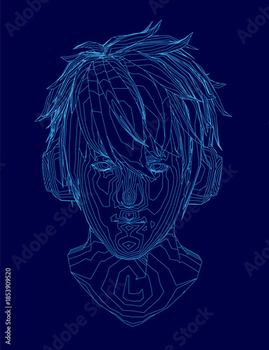 A serious young man with a focused gaze wears headphones in a minimalist blue contour line drawing on a dark background.