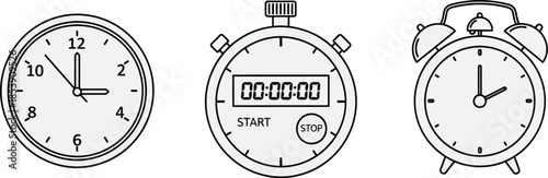 Three different timekeeping devices in a linear arrangement on transparent background silhouette