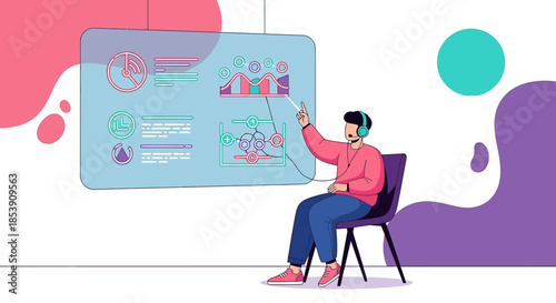 Interactive data analysis presentation with modern interface and virtual screen display