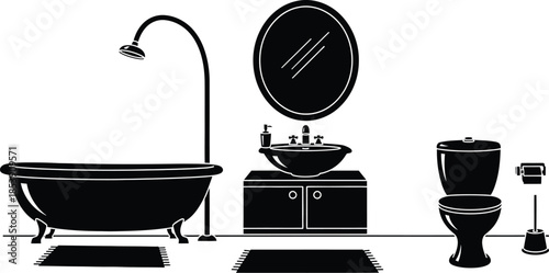 Black bathroom fixtures illustration with tub sink and toilet on transparent background silhouette