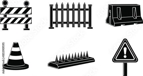 Construction barrier icons set including road safety elements on transparent background silhouette