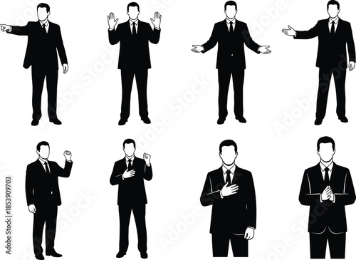 Gesture, silhouette, man, suit, black, illustration, expressive, pose, communication, body language, pointing, hands, fist, chest, formal, public speaking, presentation, emotion, nonverbal, visual