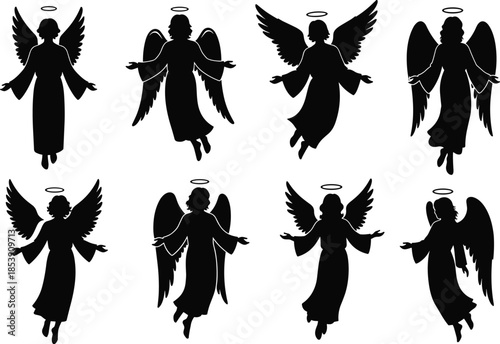 Angel, silhouette, wings, halo, robe, spiritual, divine, black, illustration, floating, descending, pose, religious, heavenly, graceful, peaceful, sacred, character, artistic, celestial