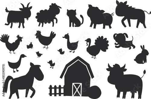 Vector cute farm animals. Silhouettes isolated on white background. Well suited for use in children's rooms, books, kindergarten and other kids design