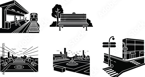 Urban landscape elements with train station buildings and roads on transparent background silhouette
