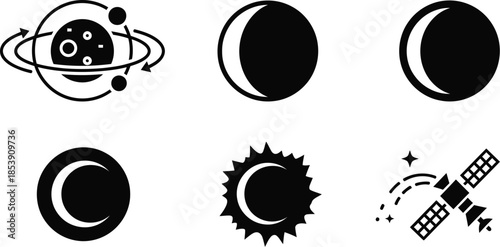 Celestial bodies and space exploration icons perfect for designs on transparent background silhouette