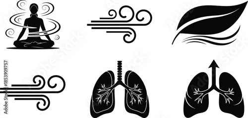 Yoga breath and lungs icons set on transparent background silhouette