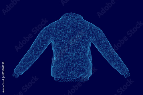 A blue jacket wireframe model floats on a dark blue background, showcasing its three-dimensional structure and digital design.