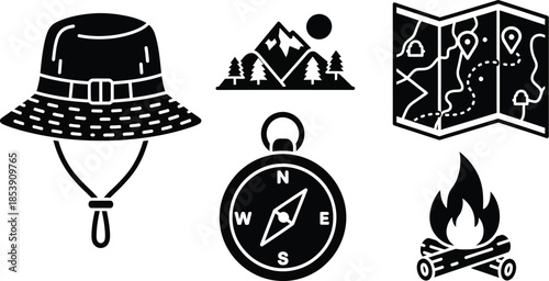 Travel and adventure icons set including hat compass and campfire silhouette on transparent background