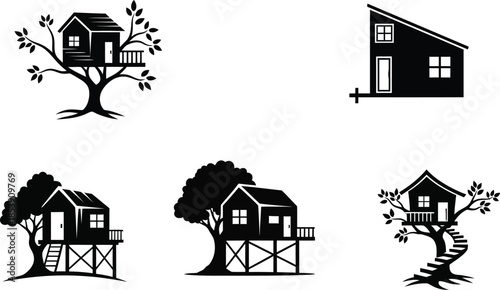 Charming house and treehouse designs in black perfect for various uses on transparent background silhouette