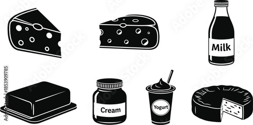 Black and white dairy products including cheese milk and yogurt on transparent background silhouette