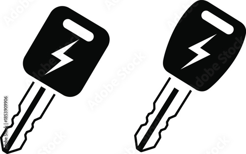 Two black car keys with lightning bolts digital illustration on transparent background silhouette
