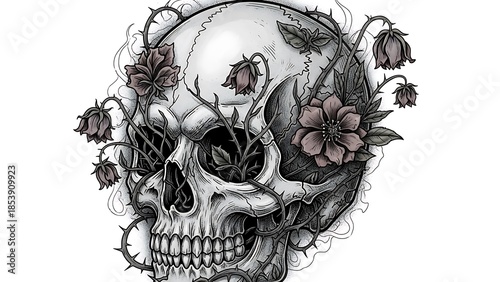 繊細な花と絡み合う頭蓋骨のモノクロイラストレーション