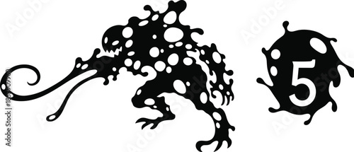 Monster, silhouette, creature, horror, fantasy, black, illustration, tongue, clawed, hunched, spotted, scary, eerie, abstract, design, number, splatter, artistic, nightmare, fictional