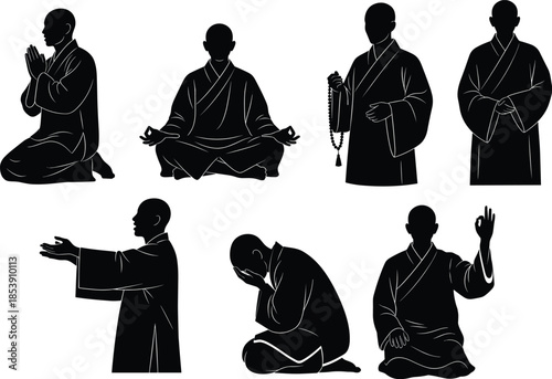 Monk silhouettes, spiritual poses, meditation figures, black vector art, prayer gesture, robe icon, mindfulness theme, serene posture, symbolic motion, contemplative stance