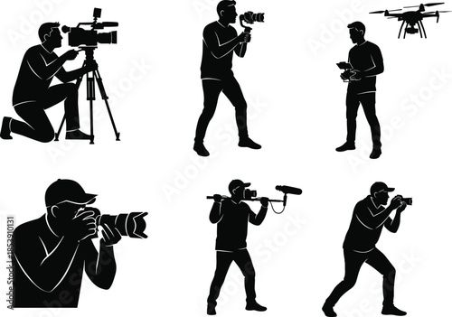 Videography silhouettes, photography figures, black vector art, camera operator, drone pilot, DSLR icon, media gear, filming pose, creative theme, action stance