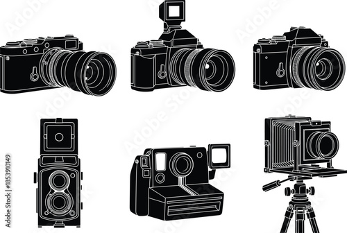 Camera silhouettes, vintage models, DSLR icons, black vector art, photography gear, tripod setup, film camera, instant photo, stylized design, classic tech