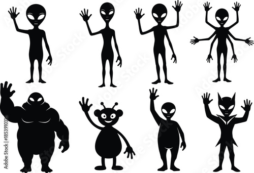 Alien silhouettes, cartoon extraterrestrials, fantasy creatures, black vector art, sci-fi icons, antenna beings, monster figure, space theme, greeting pose, stylized design
