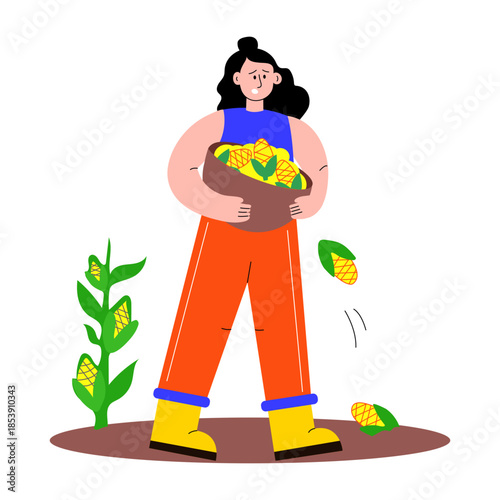 A flat style illustration of a person harvesting corn