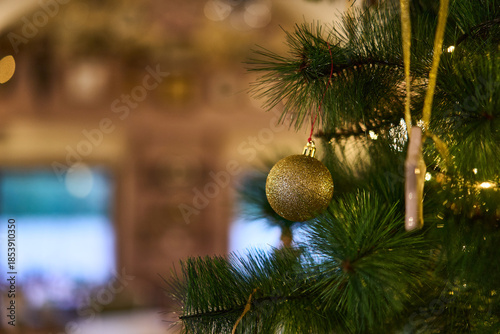 gold ornament with tassel on branch, hotel lobby styled for elegant holiday reception, soft bokeh lighting, polished surface