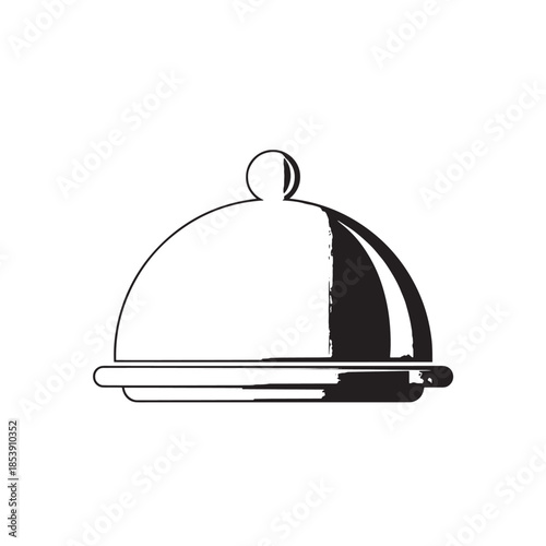Elegant monochrome cloche serving dish on white background with minimal line art.