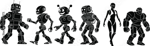 Robot silhouettes, android figures, retro bot, futuristic design, cartoon robot, mechanical icon, black vector art, tech style, AI concept, humanoid posture