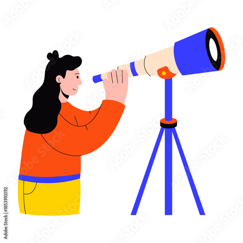 A flat style illustration showing a person stargazing