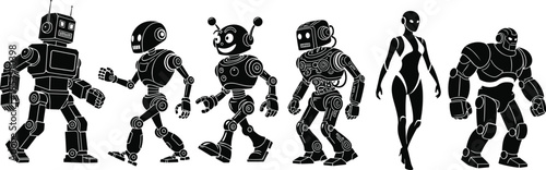 Robot silhouettes, android figures, retro bot, futuristic design, mechanical icon, black vector art, cartoon robot, humanoid style, tech illustration, AI concept