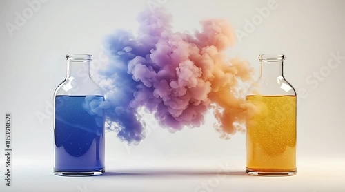 Two glass bottles containing blue and orange liquids with colorful smoke swirling between them