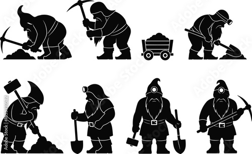 Dwarf miners, fantasy silhouettes, mining tools, pickaxe figures, shovel workers, black vector art, folklore theme, helmeted dwarves, ore cart, underground scene