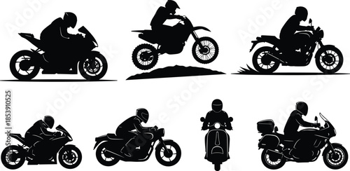   
Motorcycle silhouettes, rider figures, sport bikes, cruiser pose, dirt bike jump, scooter icon, black vector art, touring style, helmeted rider, motion design