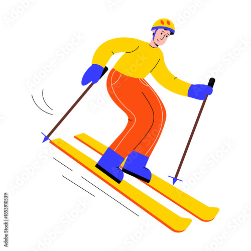 A flat style illustration of a person doing skiing