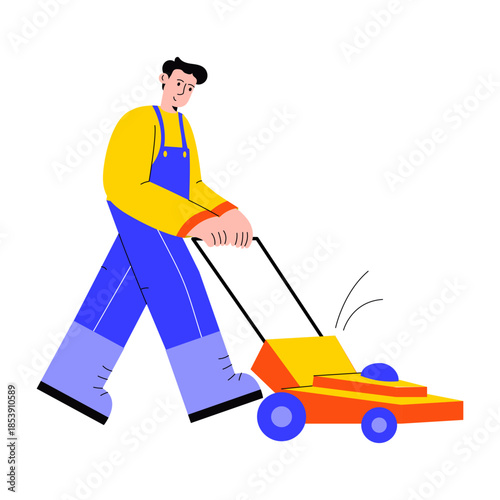 A flat style illustration showing a person mowing lawn
