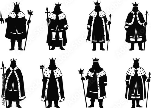 King silhouettes, royal figures, crowned men, regal poses, scepter holders, black vector art, traditional robes, majestic icons, monarchy design, noble illustration