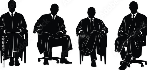 Judge silhouettes, courtroom figures, legal icons, judicial robes, seated posture, black vector art, authority symbol, law panel, formal attire, justice illustration