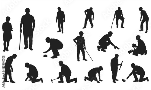 Collection of black silhouettes of people engaged in gardening and outdoor activities activity