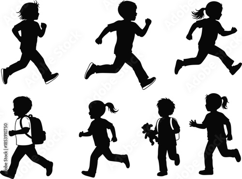 Children running silhouettes, playful kids, school commute, dynamic motion, childhood energy