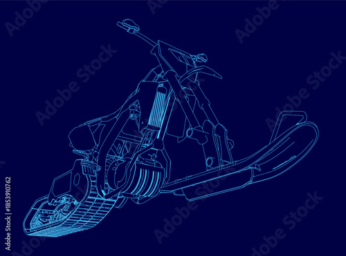 Detailed blueprint of a snowbike motor contour on a solid blue background, highlighting the vehicle's mechanical components and sleek design.