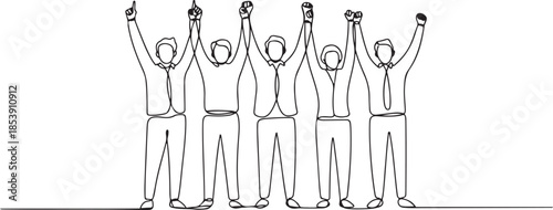 One single line drawing of group of people open up and raising their hands up into the air. Business team work concept. one line Icon drawing