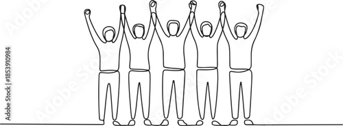 One single line drawing of group of people open up and raising their hands up into the air. Business team work concept. one line Icon drawing