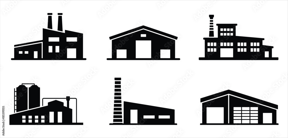 Fototapeta premium Collection of Six Black Factory Building Icons on White Background industry industrial