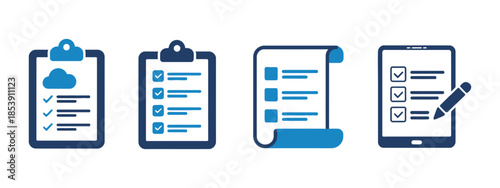Clipboard and Checkmark Icons. Comprehensive collection of document survey signs, checkbox paper elements, and task list symbols for business compliance and quality control.