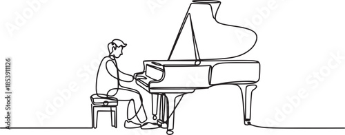 Single continuous line drawing of young happy male pianist playing classic grand piano on music concert orchestra. Musician artist performance concept. one line Icon drawing