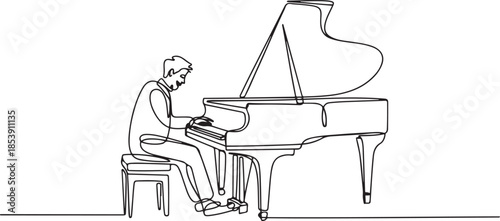 Single continuous line drawing of young happy male pianist playing classic grand piano on music concert orchestra. Musician artist performance concept. one line Icon drawing