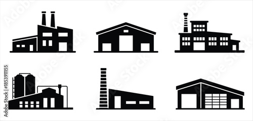 Collection of Six Black Factory Building Icons on White Background industry industrial