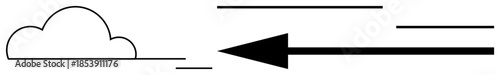 Wind concept. Black arrow and cloud depict wind speed, direction, and movement in weather forecasting. Wind imagery can illustrate air flow or energy concepts. Perfect for meteorology, energy
