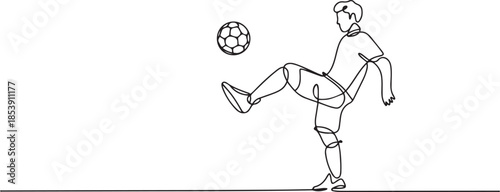 One continuous line drawing of young sporty man soccer freestyler player practice to juggle ball with heel in the street. Football freestyle sport concept. one line Icon drawing