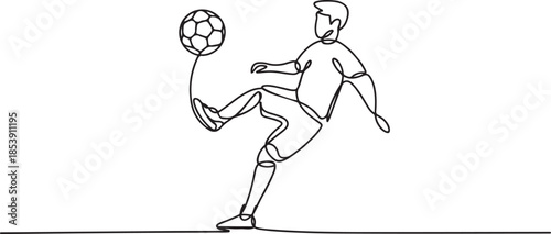 One continuous line drawing of young sporty man soccer freestyler player practice to juggle ball with heel in the street. Football freestyle sport concept. one line Icon drawing