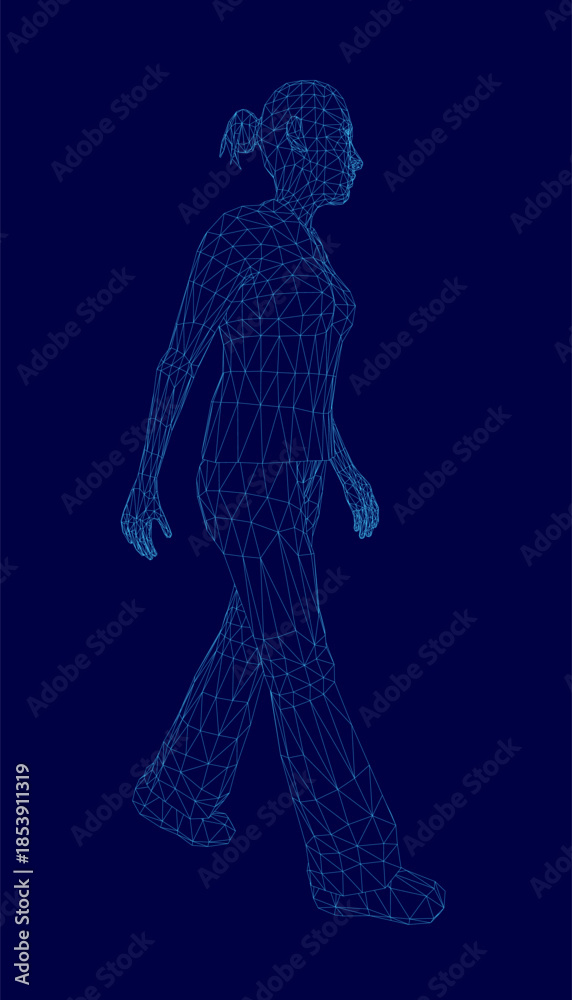 Fototapeta premium A woman walks confidently in a wireframe style against a solid blue background, showcasing motion and digital artistry.
